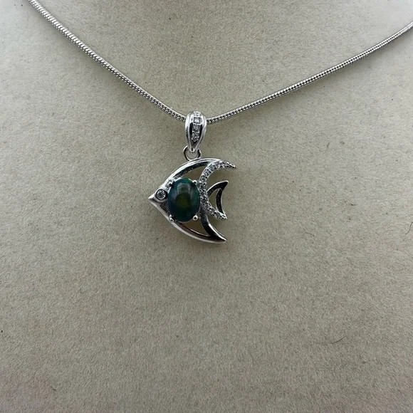 Silver Fish Pendant Necklace with Opal on Chain - Picture 3 of 9